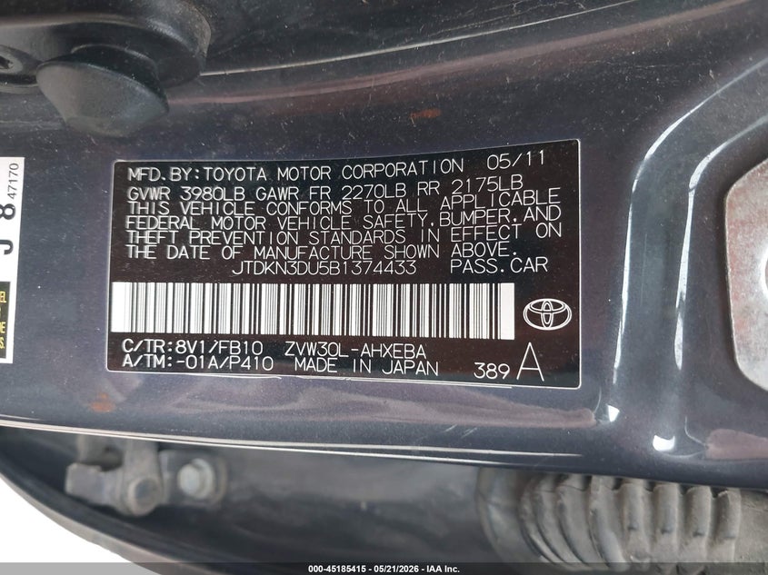 2011 Toyota Prius VIN JTDKN3DU5B1374433 IAAI salvage auction — LEFT SIDE, Salvage (Kansas), sold $2,250 on 2026-07-08 (photo 9)