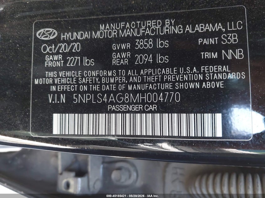2021 Hyundai Elantra VIN 5NPLS4AG8MH004770 IAAI salvage auction — LEFT FRONT, Salvage (California), sold $4,000 on 2026-07-08 (photo 9)