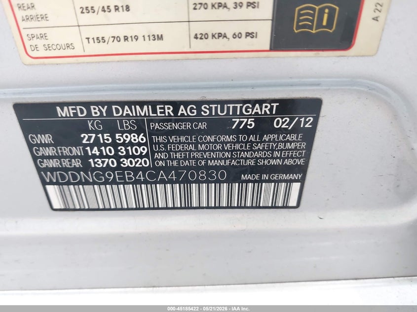 2012 Mercedes-benz S-klasse VIN WDDNG9EB4CA470830 IAAI salvage auction — FRONT END, Salvage - Greater Than 75% (Maryland), sold $1,300 on 2026-07-14 (photo 9)