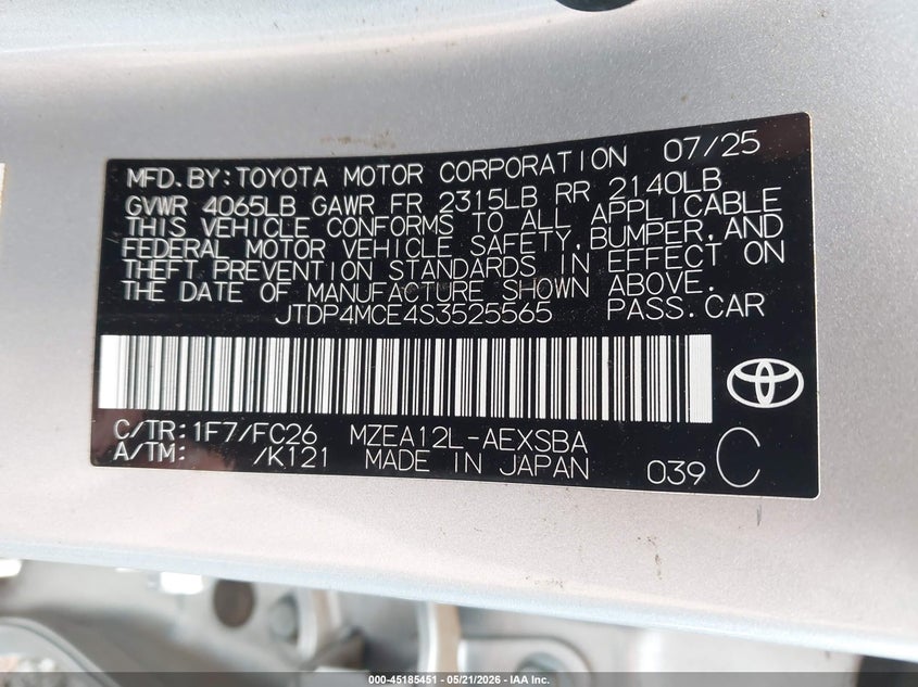 2025 Toyota Corolla VIN JTDP4MCE4S3525565 IAAI salvage auction — FRONT END, Clear (Hawaii), sold $1,650 on 2026-07-28 (photo 9)
