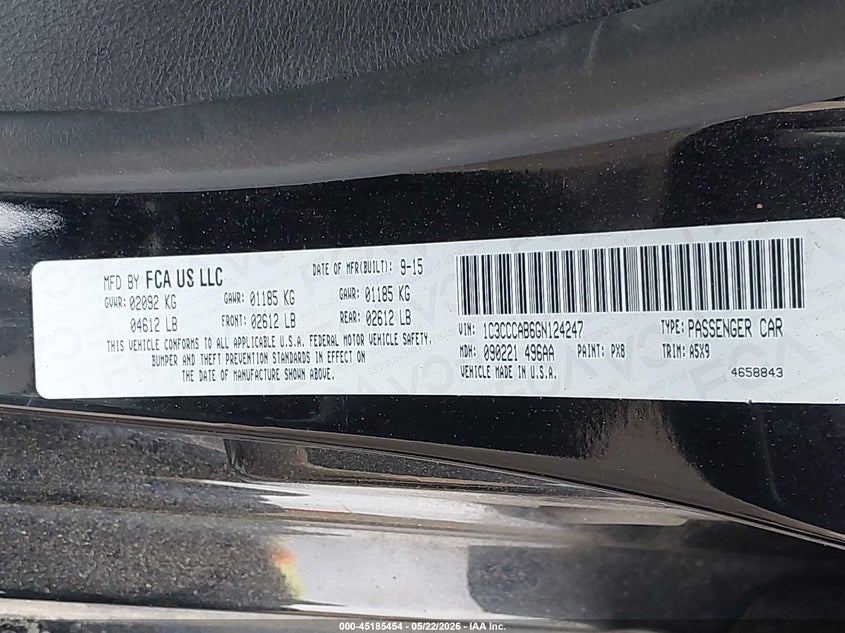 2016 Chrysler 200 VIN 1C3CCCAB6GN124247 IAAI salvage auction — NORMAL WEAR, Clear (Montana), sold $500 on 2026-07-20 (photo 9)
