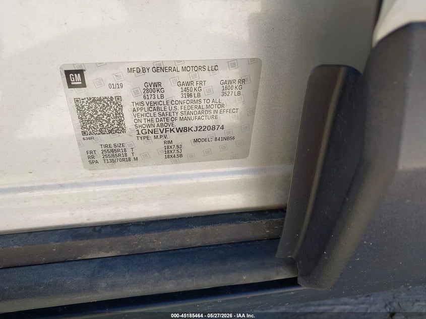 2019 Chevrolet Traverse VIN 1GNEVFKW8KJ220874 IAAI salvage auction — UNKNOWN, Salvage Title, sold $6,225 on 2026-07-29 (photo 9)
