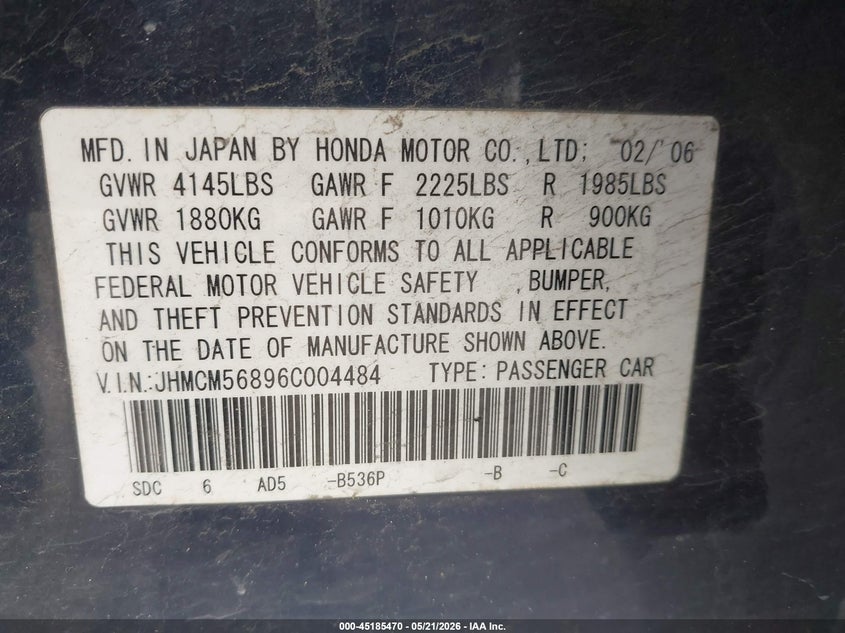 2006 Honda Accord VIN JHMCM56896C004484 IAAI salvage auction — FRONT END, Salvage (Texas), sold $300 on 2026-07-06 (photo 9)