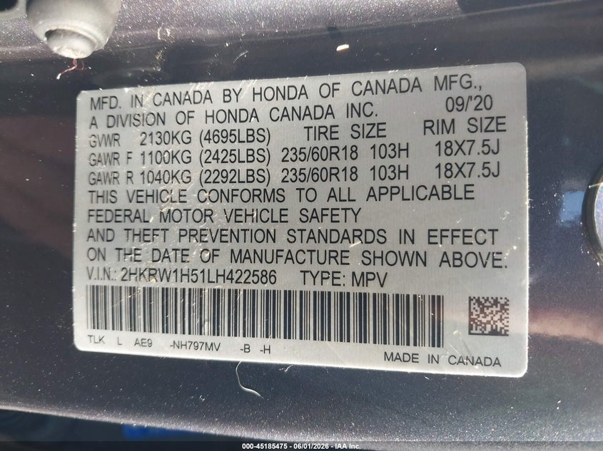 2020 Honda Cr-v VIN 2HKRW1H51LH422586 IAAI salvage auction — HAIL, Salvage (Arkansas), sold $7,550 on 2026-07-29 (photo 9)