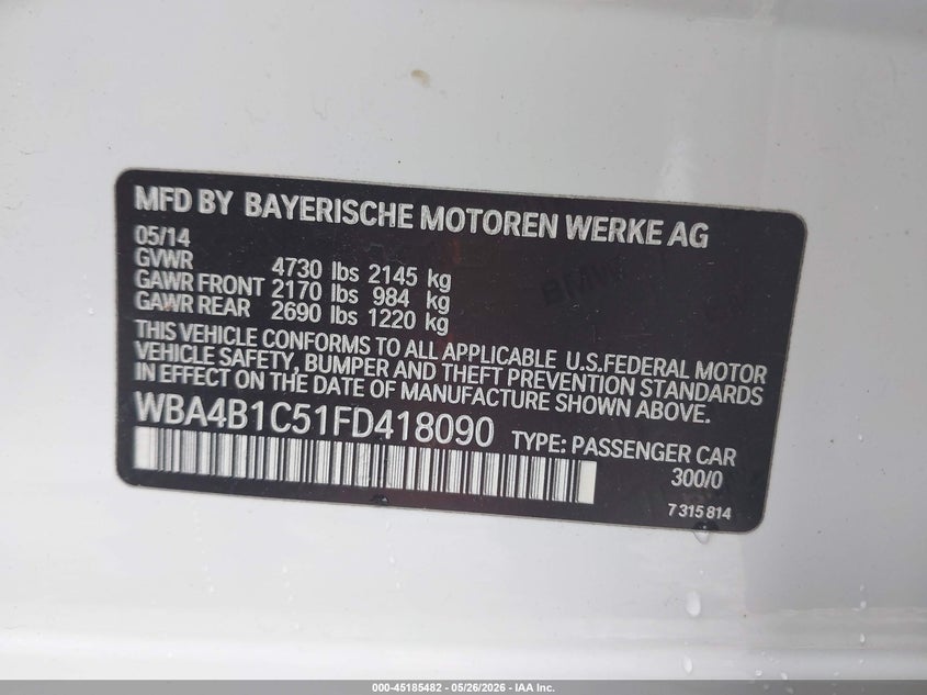 2015 BMW 4er VIN WBA4B1C51FD418090 IAAI salvage auction — HAIL, Clear (Missouri), sold $4,400 on 2026-08-10 (photo 9)
