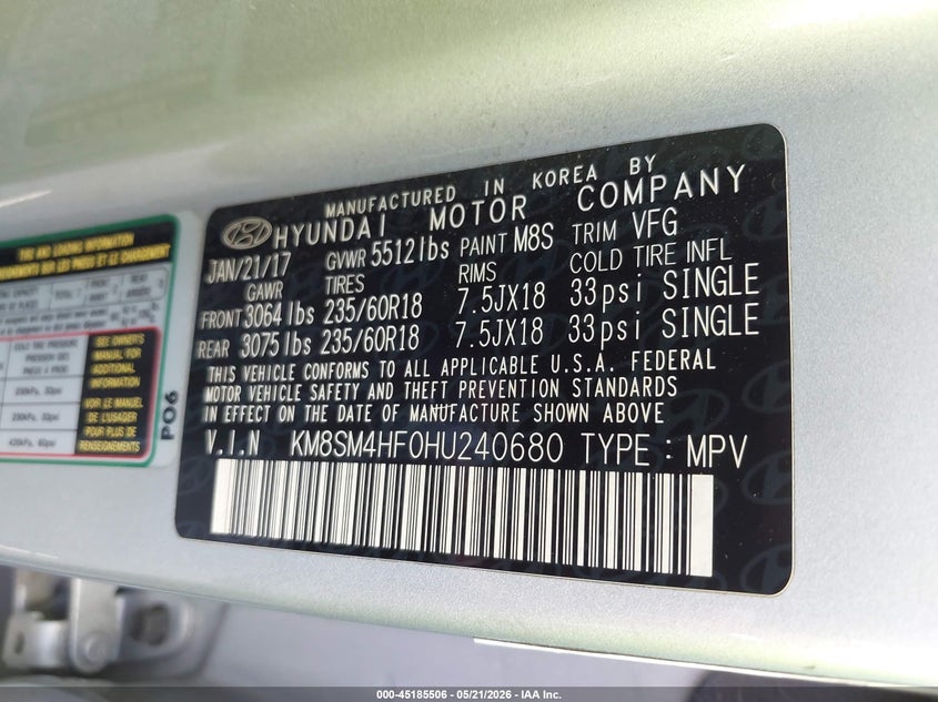 2017 Hyundai Santa fe VIN KM8SM4HF0HU240680 IAAI salvage auction — RIGHT FRONT, Salvage Certificate (California), sold $2,650 on 2026-07-15 (photo 9)