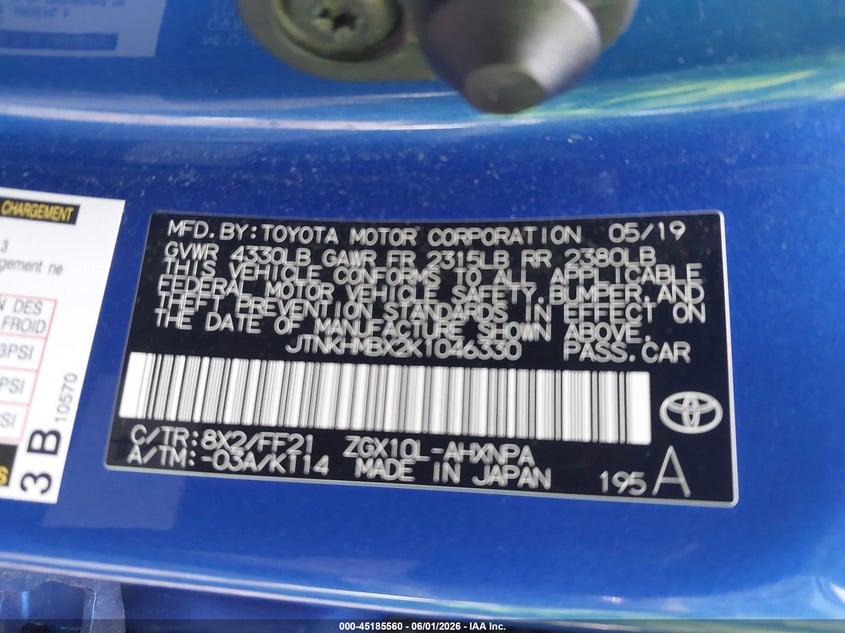 2019 Toyota C-hr VIN JTNKHMBX2K1046330 IAAI salvage auction — FRONT END, Salvage Title, sold $3,450 on 2026-07-28 (photo 9)