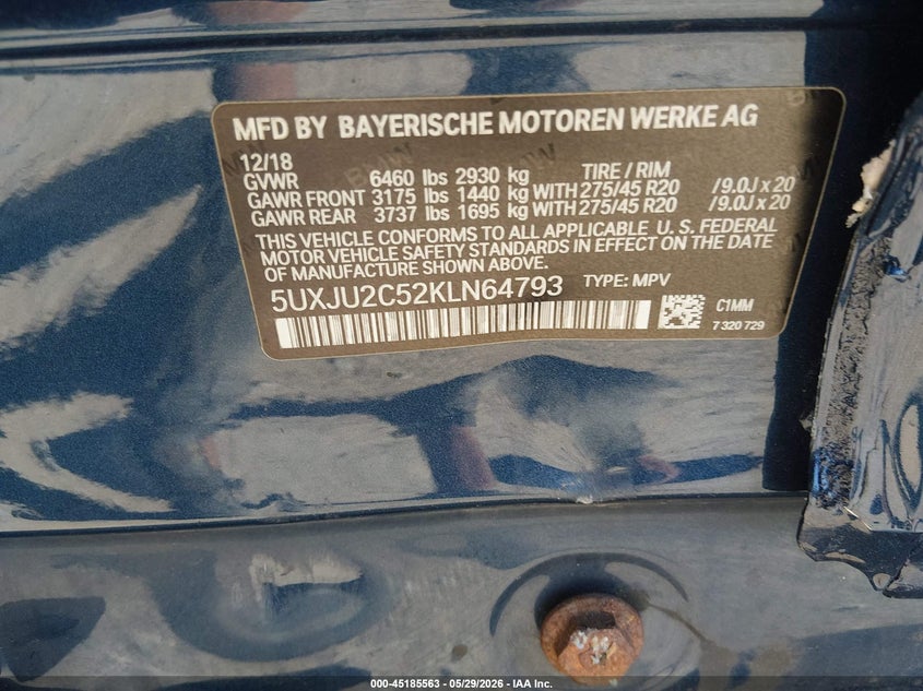 2019 BMW X5 VIN 5UXJU2C52KLN64793 IAAI salvage auction — LEFT SIDE, Salvage Title, sold $17,500 on 2026-07-17 (photo 9)