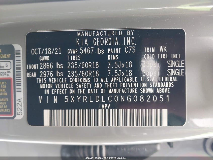 2022 Kia Sorento VIN 5XYRLDLC0NG082051 IAAI salvage auction — FRONT END, Salvage Title, sold $7,100 on 2026-07-15 (photo 9)