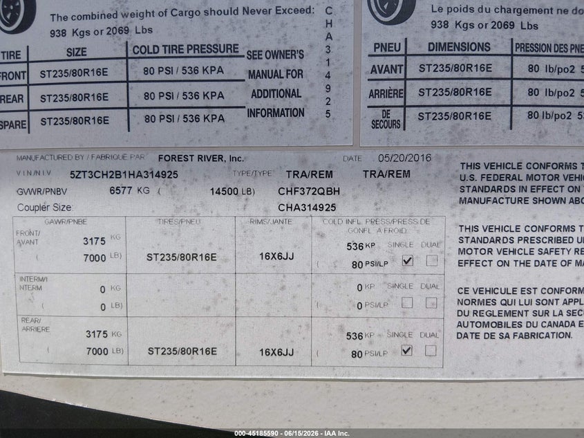 2017 Coachmen Other VIN 5ZT3CH2B1HA314925 IAAI salvage auction — Burn Interior, Salvage (Connecticut), sold $500 on 2026-07-16 (photo 9)
