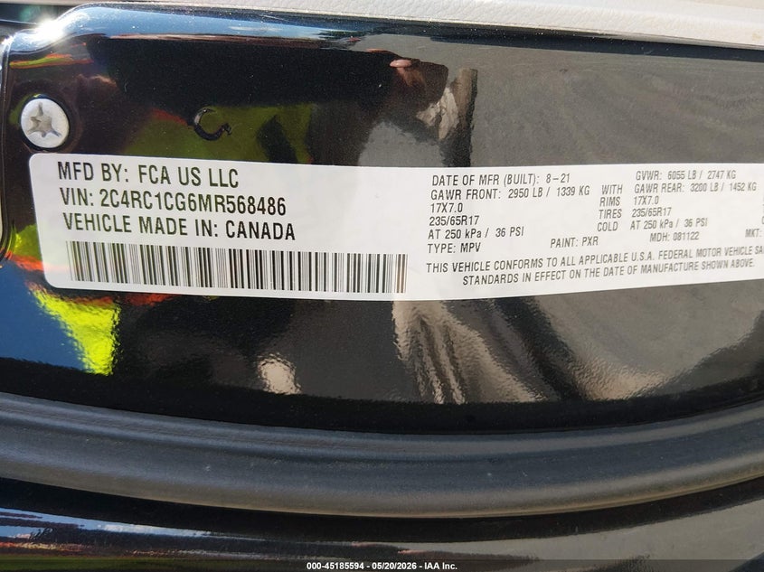 2021 Chrysler Voyager VIN 2C4RC1CG6MR568486 IAAI salvage auction — NORMAL WEAR, Sf97 (North Carolina), sold $12,250 on 2026-07-16 (photo 9)