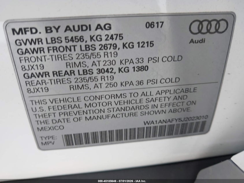 2018 Audi Q5 VIN WA1ANAFY5J2023010 IAAI salvage auction — RIGHT REAR, Salvage (California), sold $3,850 on 2026-07-29 (photo 9)