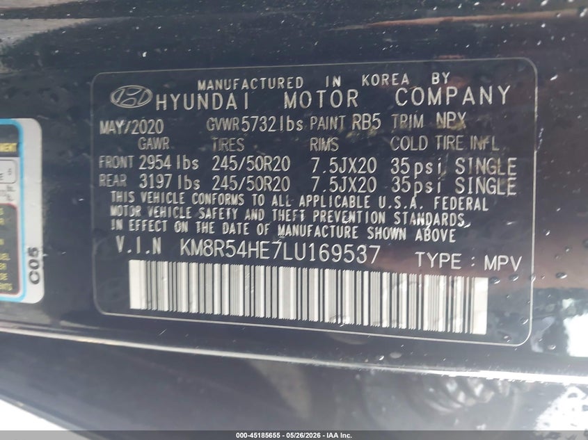 2020 Hyundai Palisade VIN KM8R54HE7LU169537 IAAI salvage auction — BIO HAZARD, Salvage (Arkansas), sold $3,700 on 2026-07-20 (photo 9)