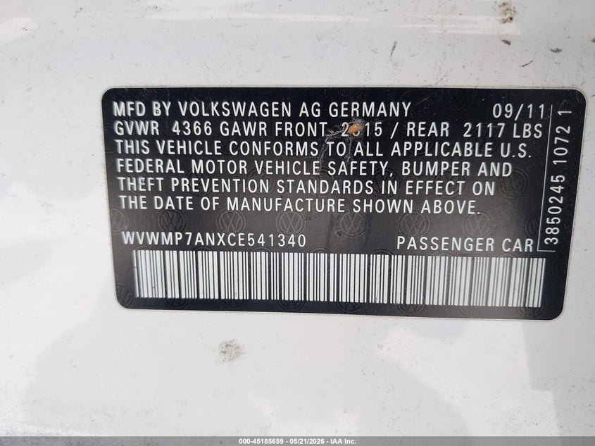 2012 Volkswagen Passat cc VIN WVWMP7ANXCE541340 IAAI salvage auction — FRONT END, Salvage (California), sold $1,000 on 2026-07-30 (photo 9)