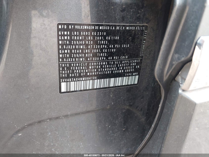 2022 Volkswagen Tiguan VIN 3VV4B7AX4NM084104 IAAI salvage auction — HAIL, Original (Texas), sold $11,300 on 2026-07-26 (photo 9)