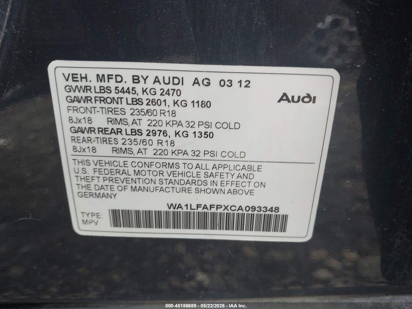 2012 Audi Q5 VIN WA1LFAFPXCA093348 IAAI salvage auction — FRONT END, Salvage (Ohio), sold $25 on 2026-07-29 (photo 9)