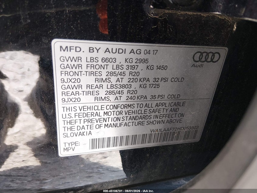2017 Audi Q7 VIN WA1LAAF72HD053303 IAAI salvage auction — REAR END, Salvage Title, sold $4,100 on 2026-07-21 (photo 9)