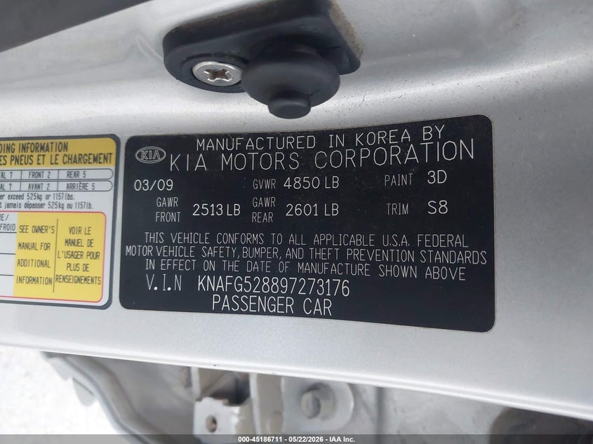 2009 Kia Rondo VIN KNAFG528897273176 IAAI salvage auction — FRONT & REAR, Certificate Of Title (Nebraska), sold $525 on 2026-07-09 (photo 9)