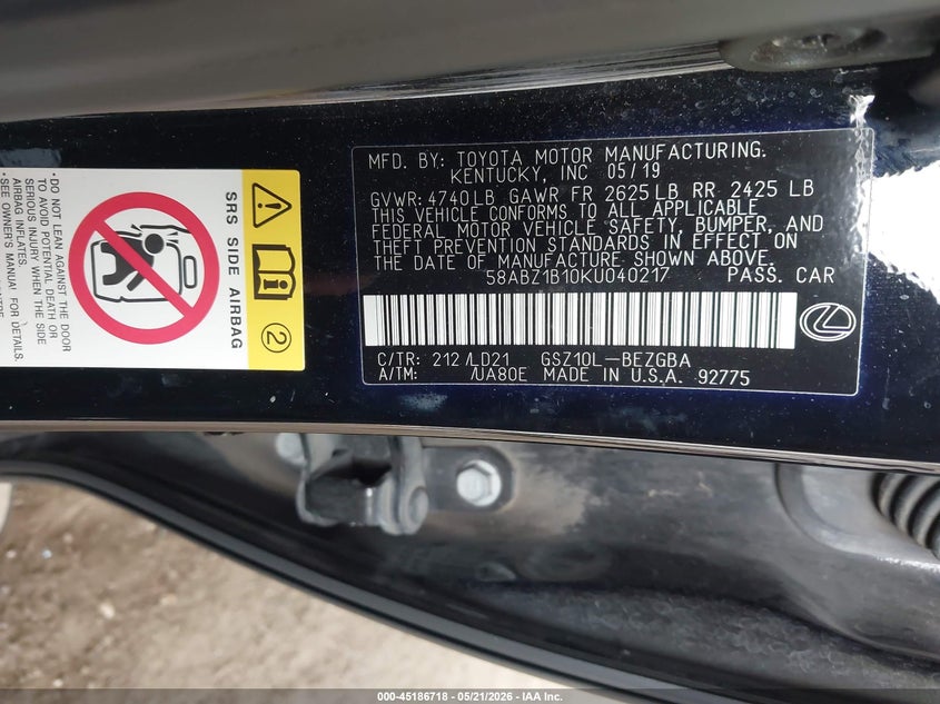 2019 Lexus ES VIN 58ABZ1B10KU040217 IAAI salvage auction — FRONT END, Salvage (Texas), sold $8,700 on 2026-07-11 (photo 9)