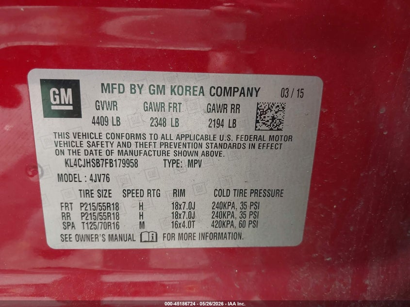 2015 Buick Encore VIN KL4CJHSB7FB179958 IAAI salvage auction — HAIL, Salvage (Ohio), sold $375 on 2026-07-27 (photo 9)