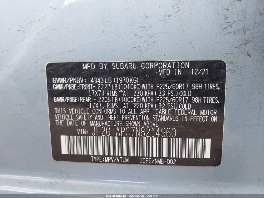 2022 Subaru Xv VIN JF2GTAPC7N8214960 IAAI salvage auction — FRONT END, Salvage Title, sold $1,550 on 2026-07-17 (photo 9)