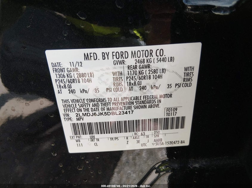 2013 Lincoln Mkx VIN 2LMDJ6JK5DBL23417 IAAI salvage auction — LEFT FRONT, Salvage (Missouri), sold $975 on 2026-07-29 (photo 9)