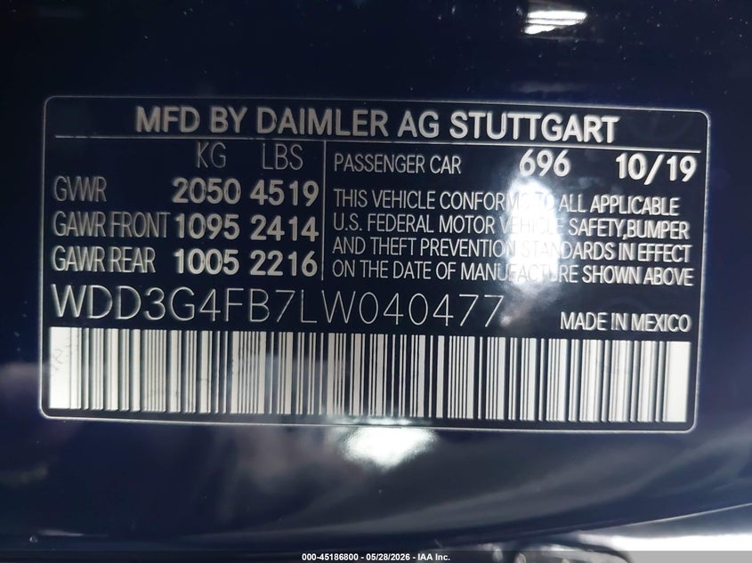 2020 Mercedes-benz A-klasse VIN WDD3G4FB7LW040477 IAAI salvage auction — STORM DAMAGE, Salvage (North Carolina), sold $6,000 on 2026-07-09 (photo 9)