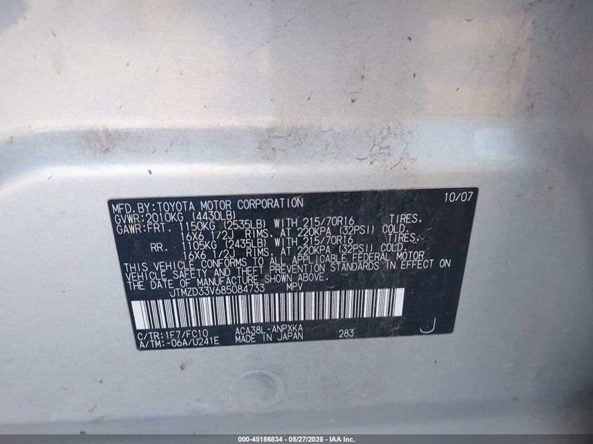2008 Toyota Rav4 VIN JTMZD33V685084733 IAAI salvage auction — LEFT FRONT, Original (Texas), sold $1,600 on 2026-07-28 (photo 9)