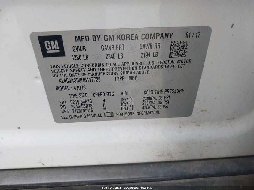 2017 Buick Encore VIN KL4CJASB9HB117729 IAAI salvage auction — HAIL, Salvage (Kansas), sold $3,075 on 2026-07-22 (photo 9)