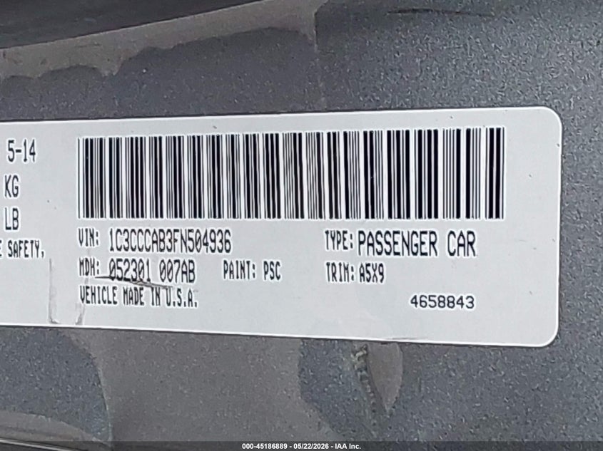2015 Chrysler 200 VIN 1C3CCCAB3FN504936 IAAI salvage auction — FRONT END, Clear (Indiana), sold $650 on 2026-07-29 (photo 9)
