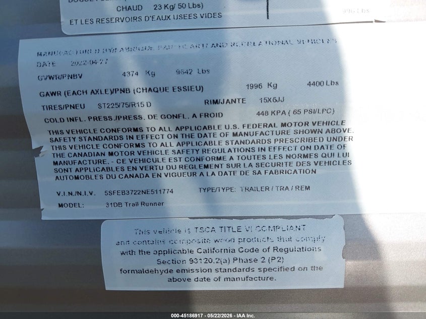 2022 Heartland Trail runner VIN 5SFEB3722NE511774 IAAI salvage auction — UNKNOWN, Salvage (Texas), sold $6,100 on 2026-07-22 (photo 9)