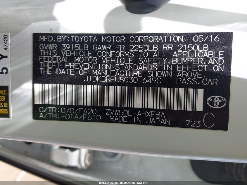 2016 Toyota Prius VIN JTDKBRFU8G3016490 IAAI salvage auction — NORMAL WEAR, Salvage Title, sold $25 on 2026-07-21 (photo 9)