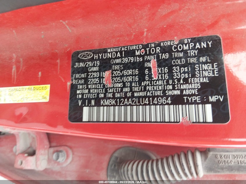 2020 Hyundai Kona VIN KM8K12AA2LU414964 IAAI salvage auction — MECHANICAL, Salvage (Kansas), sold $25 on 2026-07-23 (photo 9)