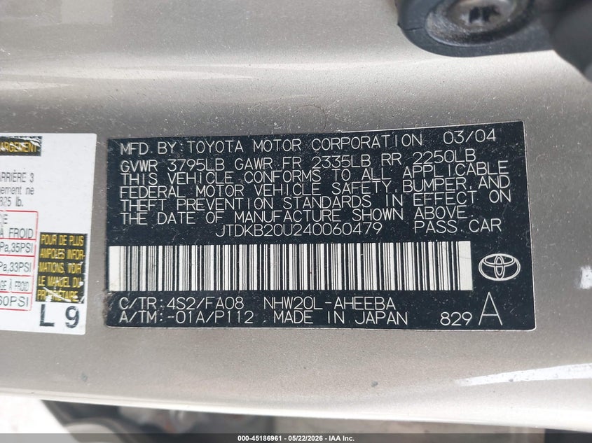 2004 Toyota Prius VIN JTDKB20U240060479 IAAI salvage auction — FRONT & REAR, Salvage (Massachusetts), sold $400 on 2026-07-10 (photo 9)