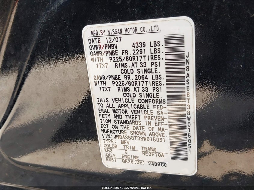 2008 Nissan Rogue VIN JN8AS58T38W015051 IAAI salvage auction — LEFT FRONT, Salvage (Kentucky), sold $250 on 2026-07-29 (photo 9)