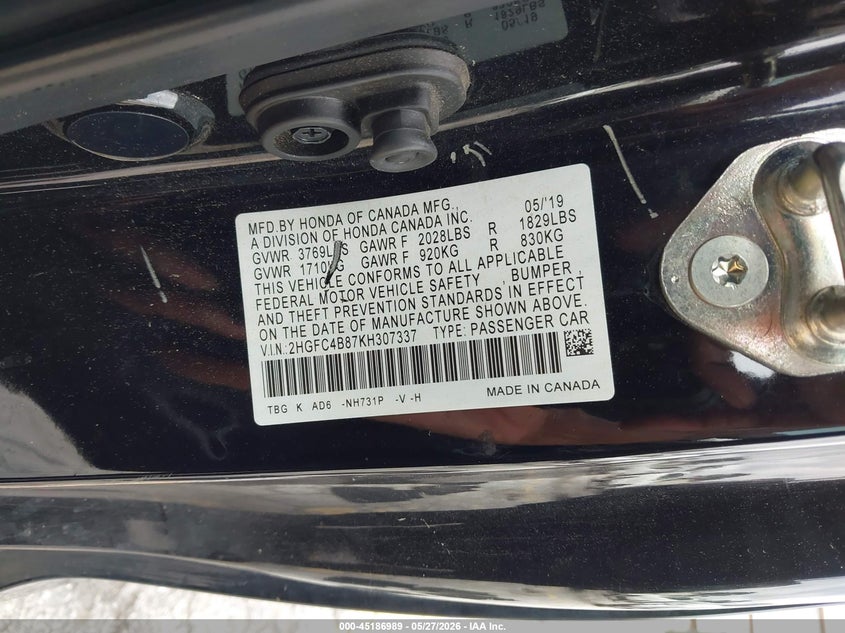 2019 Honda Civic VIN 2HGFC4B87KH307337 IAAI salvage auction — REAR END, Salvage Title, sold $2,175 on 2026-07-10 (photo 9)