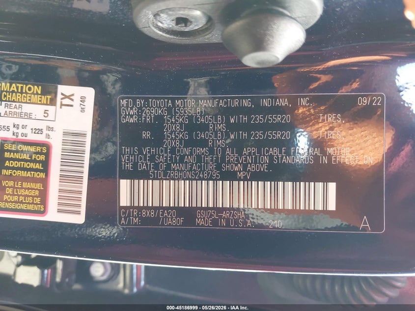 2022 Toyota Highlander VIN 5TDLZRBH0NS248795 IAAI salvage auction — REAR END, Salvage (Pennsylvania), sold $13,500 on 2026-07-10 (photo 9)