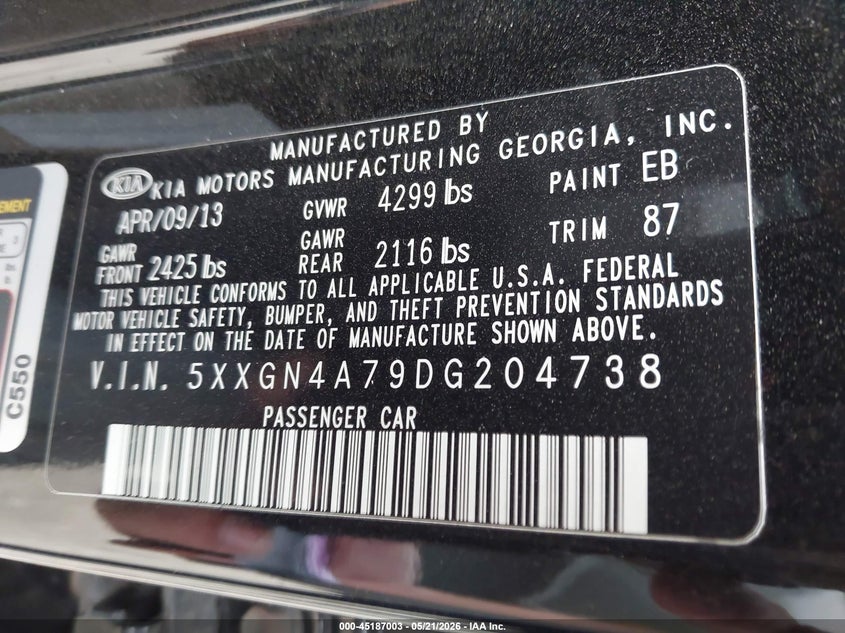 2013 Kia Optima VIN 5XXGN4A79DG204738 IAAI salvage auction — FRONT END, Original (Texas), sold $1,450 on 2026-07-09 (photo 9)
