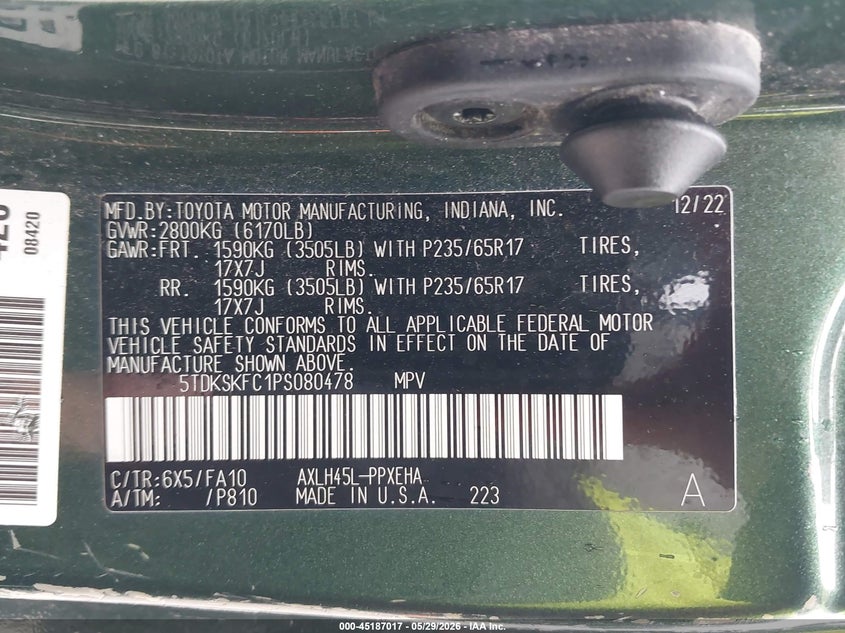 2023 Toyota Sienna VIN 5TDKSKFC1PS080478 IAAI salvage auction — HAIL, Salvage Title, sold $18,800 on 2026-07-06 (photo 9)