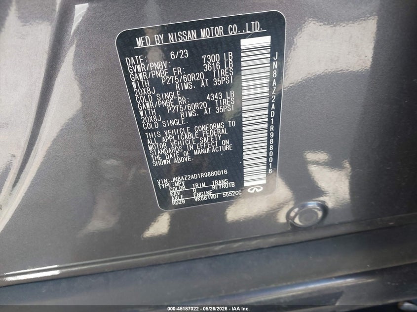 2024 Infiniti Qx80 VIN JN8AZ2AD1R9880016 IAAI salvage auction — RIGHT FRONT, Clear (Florida), sold $19,050 on 2026-07-07 (photo 9)