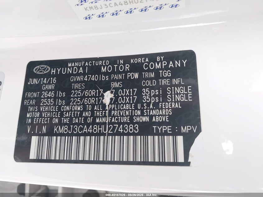 2017 Hyundai Tucson VIN KM8J3CA48HU274383 IAAI salvage auction — FRONT END, Salvage (Utah), sold $3,025 on 2026-07-16 (photo 9)