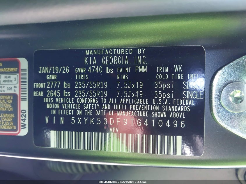 2026 Kia Sportage VIN 5XYK53DF9TG410496 IAAI salvage auction — LEFT FRONT, Certificate Of Destruction (Florida), sold $10,200 on 2026-07-29 (photo 9)