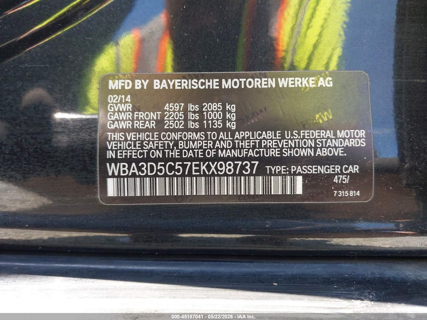 2014 BMW 3er VIN WBA3D5C57EKX98737 IAAI salvage auction — FRONT END, Salvage Title, sold $2,650 on 2026-07-12 (photo 9)