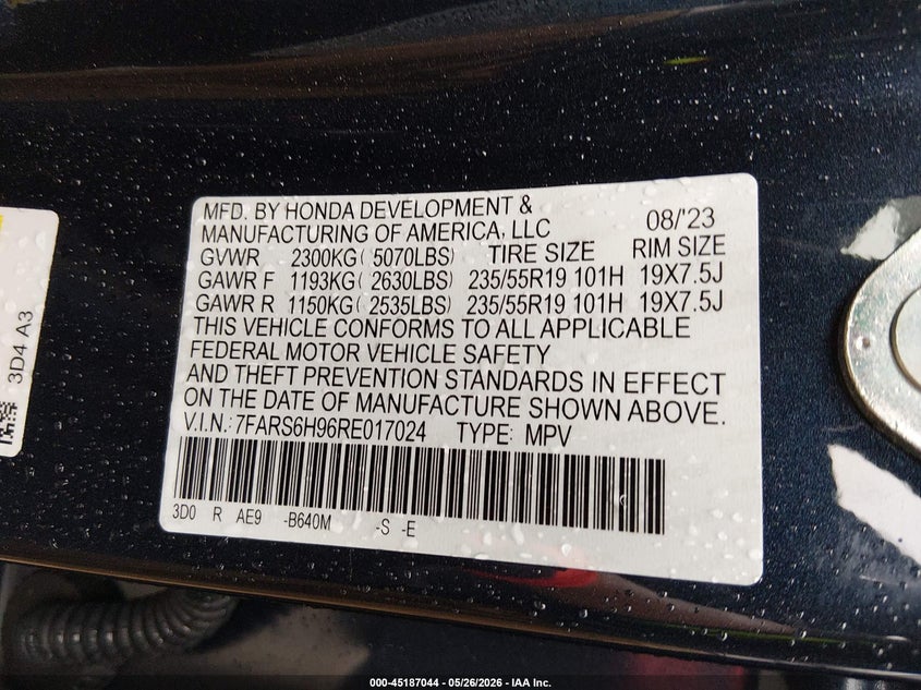 2024 Honda Cr-v VIN 7FARS6H96RE017024 IAAI salvage auction — FRONT & REAR, Salvage (Kentucky), sold $10,000 on 2026-07-27 (photo 9)