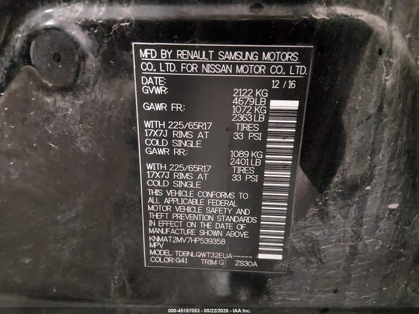 2017 Nissan Rogue VIN KNMAT2MV7HP539358 IAAI salvage auction — REAR END, Salvage (Idaho), sold $1,450 on 2026-07-10 (photo 9)