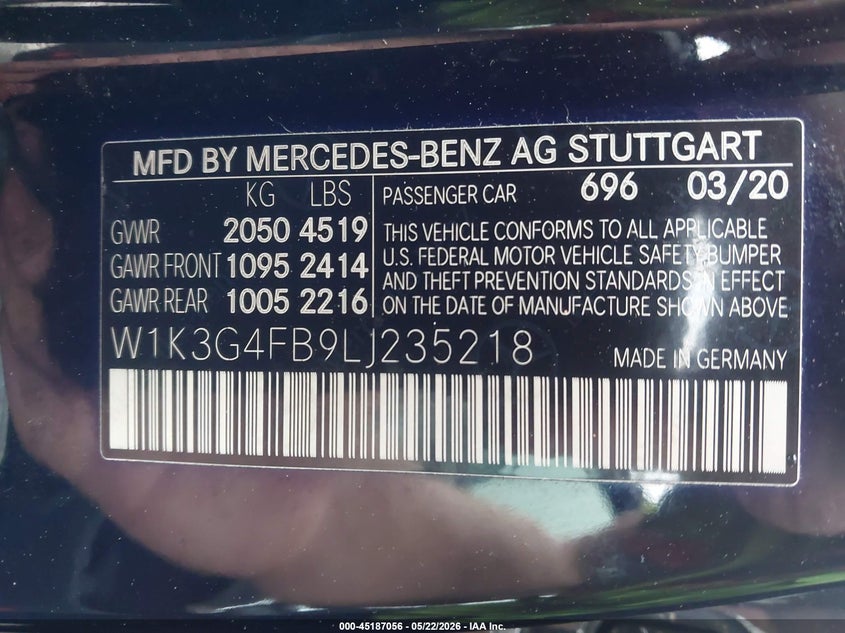 2020 Mercedes-benz A-klasse VIN W1K3G4FB9LJ235218 IAAI salvage auction — FRONT END, Salvage (North Carolina), sold $6,200 on 2026-07-22 (photo 9)