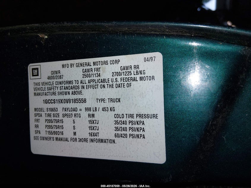 1997 Chevrolet S-10 VIN 1GCCS19X0V8185558 IAAI salvage auction — FRONT END, Salvage (Oregon), sold $300 on 2026-07-09 (photo 9)