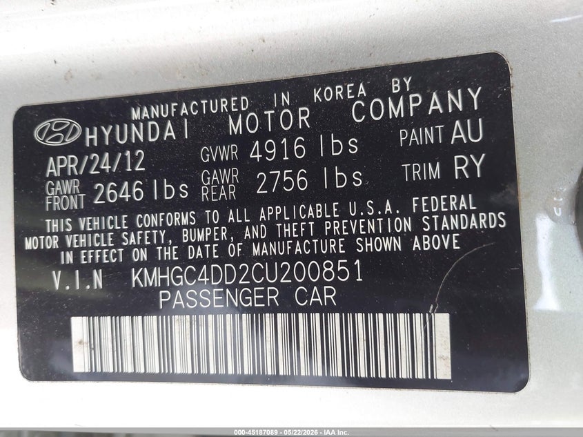 2012 Hyundai Genesis VIN KMHGC4DD2CU200851 IAAI salvage auction — FRONT & REAR, Original (Texas), sold $500 on 2026-07-20 (photo 9)