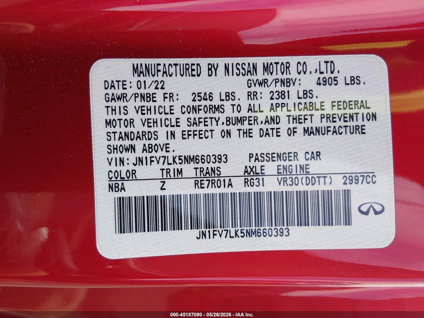2022 Infiniti Q60 VIN JN1FV7LK5NM660393 IAAI salvage auction — REAR END, Salvage (Nevada), sold $16,000 on 2026-08-16 (photo 9)
