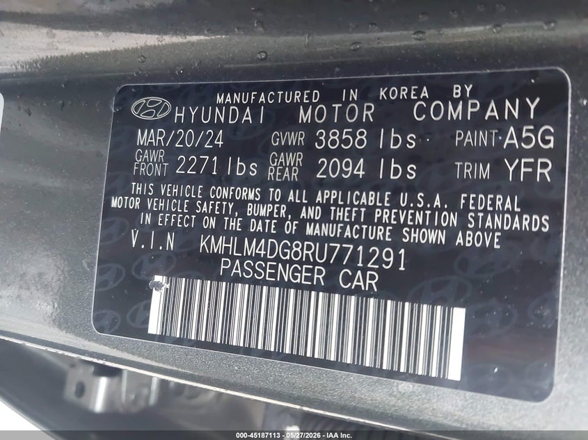 2024 Hyundai Elantra VIN KMHLM4DG8RU771291 IAAI salvage auction — LEFT FRONT, Salvage Title, sold $4,250 on 2026-07-15 (photo 9)